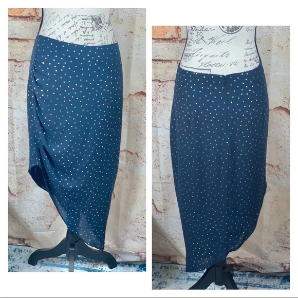 BCBGeneration NWT Navy Polka Dot Asymmetrical Skirt - Picture 3 of 12